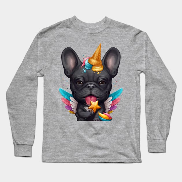 Black French Bulldog Ice Cream Unicorn Long Sleeve T-Shirt by stonemask